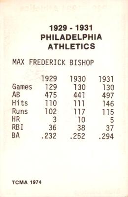 1974 TCMA 1929-1931 Philadelphia Athletics #NNO Max Bishop Back