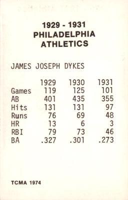 1974 TCMA 1929-1931 Philadelphia Athletics #NNO Jimmie Dykes Back