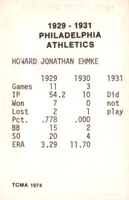 1974 TCMA 1929-1931 Philadelphia Athletics #NNO Howard Ehmke Back