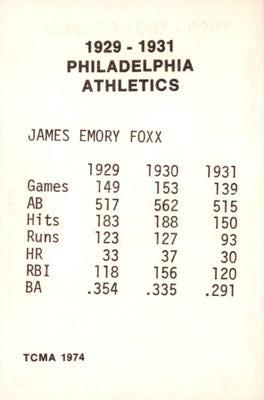 1974 TCMA 1929-1931 Philadelphia Athletics #NNO Jimmie Foxx Back