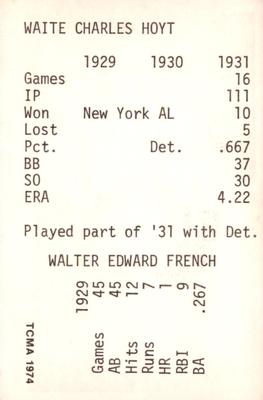 1974 TCMA 1929-1931 Philadelphia Athletics #NNO Walt French / Waite Hoyt Back