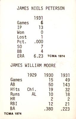 1974 TCMA 1929-1931 Philadelphia Athletics #NNO Jim Moore / Jim Peterson Back