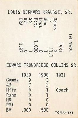 1974 TCMA 1929-1931 Philadelphia Athletics #NNO Eddie Collins / Lew Krausse Back