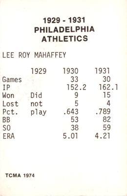 1974 TCMA 1929-1931 Philadelphia Athletics #NNO Roy Mahaffey Back
