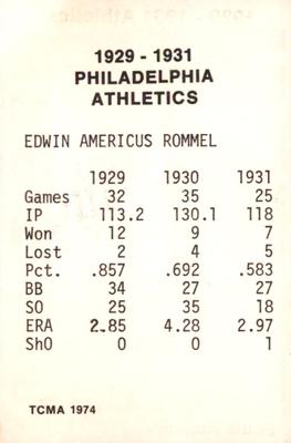 1974 TCMA 1929-1931 Philadelphia Athletics #NNO Eddie Rommel Back