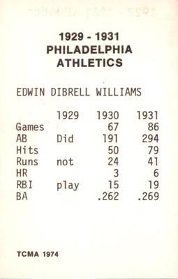 1974 TCMA 1929-1931 Philadelphia Athletics #NNO Dib Williams Back
