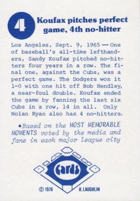 1976 Laughlin Diamond Jubilee #4 Koufax pitches perfect game, 4th no-hitter Back