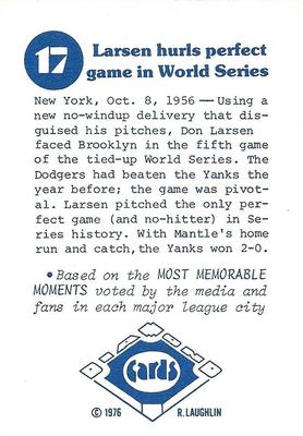 1976 Laughlin Diamond Jubilee #17 Larsen hurls perfect game in World Series Back
