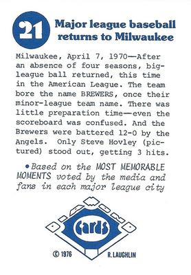 1976 Laughlin Diamond Jubilee #21 Major League baseball returns to Milwaukee Back