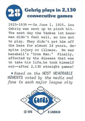 1976 Laughlin Diamond Jubilee #28 Gehrig plays in 2,130 consecutive games Back