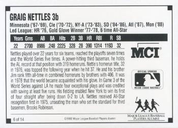 1992 MCI MLBPA Ambassadors of Baseball #6 Graig Nettles Back