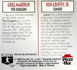 1996 Pizza Hut #NNO Ken Griffey Jr. / Greg Maddux Back