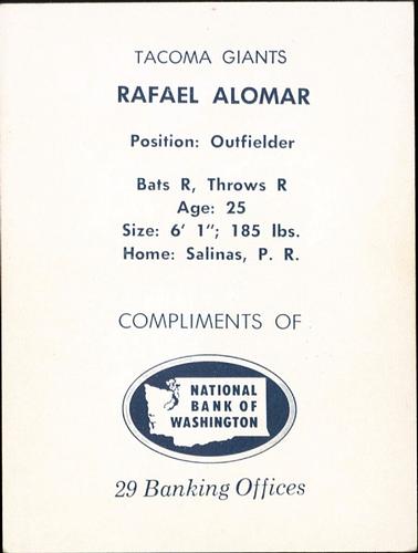 1961 National Bank of Washington Tacoma Giants #NNO Rafael Alomar Back