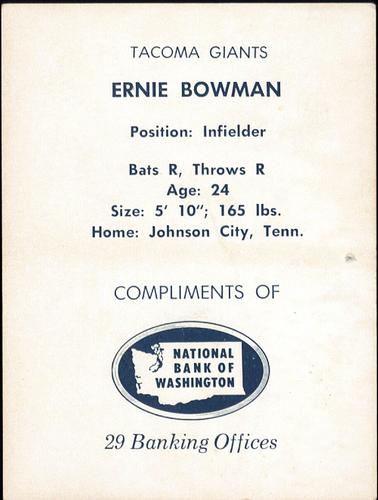 1961 National Bank of Washington Tacoma Giants #NNO Ernie Bowman Back