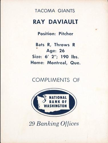 1961 National Bank of Washington Tacoma Giants #NNO Ray Daviault Back