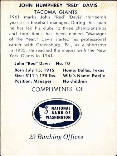 1961 National Bank of Washington Tacoma Giants #NNO Red Davis Back