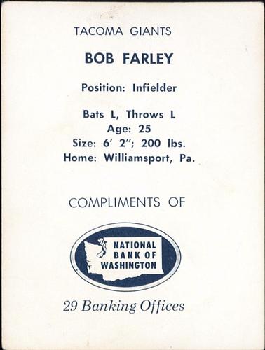 1961 National Bank of Washington Tacoma Giants #NNO Bob Farley Back