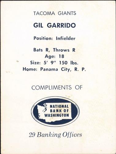1961 National Bank of Washington Tacoma Giants #NNO Gil Garrido Back