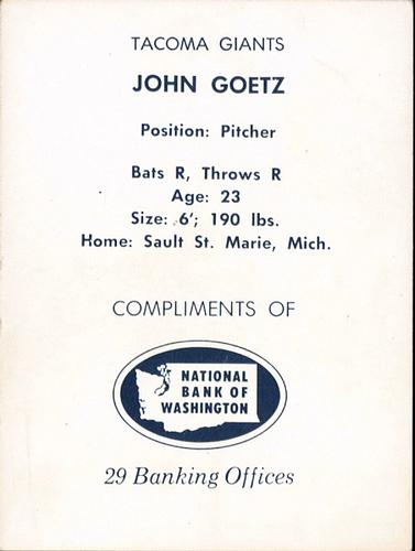 1961 National Bank of Washington Tacoma Giants #NNO John Goetz Back