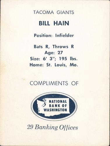 1961 National Bank of Washington Tacoma Giants #NNO Bill Hain Back