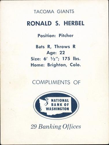 1961 National Bank of Washington Tacoma Giants #NNO Ronald Herbel Back