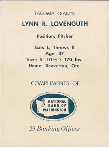 1961 National Bank of Washington Tacoma Giants #NNO Lynn Lovenguth Back