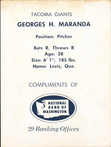 1961 National Bank of Washington Tacoma Giants #NNO Georges H. Maranda Back