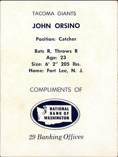 1961 National Bank of Washington Tacoma Giants #NNO John Orsino Back