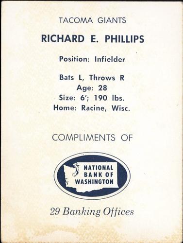 1961 National Bank of Washington Tacoma Giants #NNO Dick Phillips Back