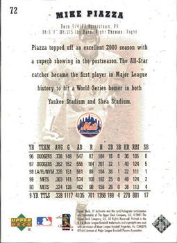 2001 SP Authentic #72 Mike Piazza Back