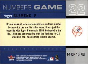 2003 Fleer Patchworks - Numbers Game #14 NG Roger Clemens Back