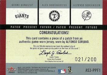 2003 Fleer Patchworks - Patch Present Future Single #AS3-PPF1 Barry Bonds / Alex Rodriguez / Alfonso Soriano Back