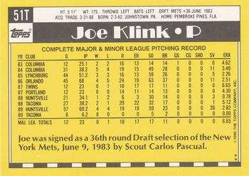 1990 Topps Traded #51T Joe Klink Back