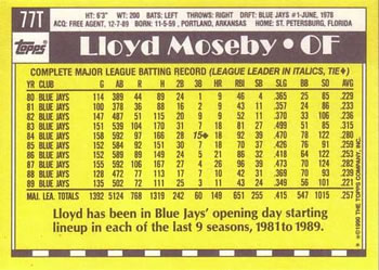 1990 Topps Traded #77T Lloyd Moseby Back