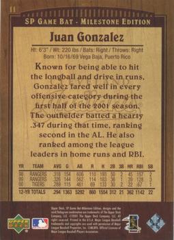 2001 SP Game Bat Milestone #11 Juan Gonzalez Back