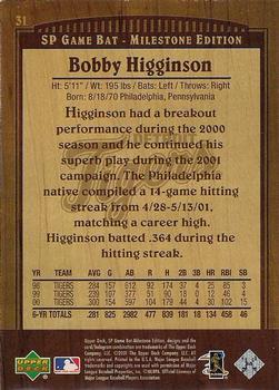 2001 SP Game Bat Milestone #31 Bobby Higginson Back