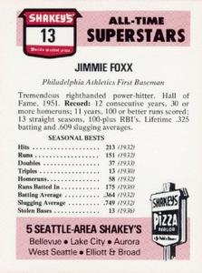 1977 Shakey's Pizza #13 Jimmie Foxx Back