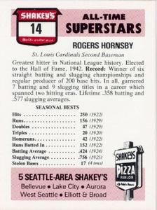 1977 Shakey's Pizza #14 Rogers Hornsby Back