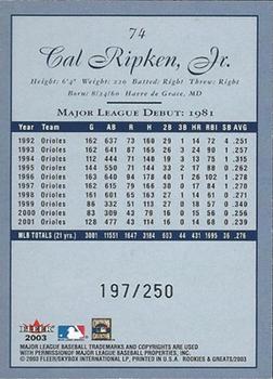 2003 Fleer Rookies & Greats - Blue #74 Cal Ripken Jr. Back