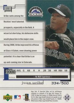 2001 SP Game Used Edition #77 Juan Uribe Back