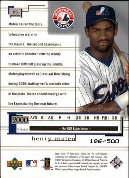 2001 SP Game Used Edition #86 Henry Mateo Back