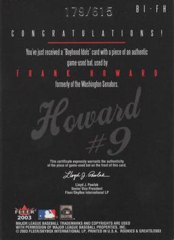 2003 Fleer Rookies & Greats - Boyhood Idols Game Used #BI-FH Frank Howard Back