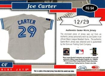 2002 Leaf Certified - Fabric of the Game Jersey Number #FG 54 Joe Carter Back