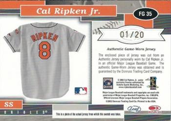 2002 Leaf Certified - Fabric of the Game Induction/Nickname Autograph #FG 35 Cal Ripken Jr. Back