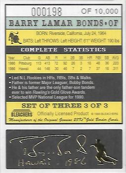 1993 Bleachers 23KT Barry Bonds #3 Barry Bonds Back