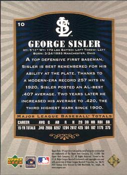 2001 SP Legendary Cuts #10 George Sisler Back