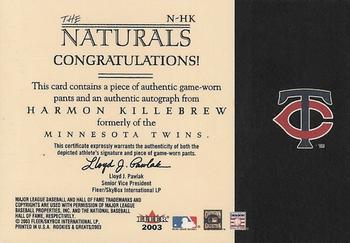 2003 Fleer Rookies & Greats - Naturals Game Used Autograph #N-HK Harmon Killebrew Back