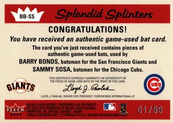 2003 Fleer Splendid Splinters - Wood Game Bat Dual #BB-SS Barry Bonds / Sammy Sosa Back