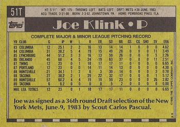 1990 Topps Traded - Gray Card Stock (Pack Version) #51T Joe Klink Back