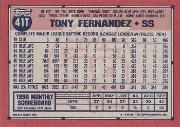 1991 Topps Traded - Gray Card Stock (Pack Version) #41T Tony Fernandez Back